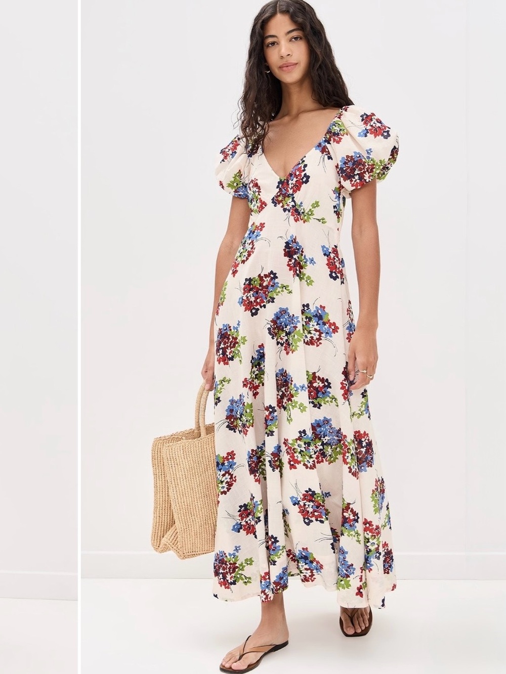 THE GREAT. The Eden Dress Cream Maxi Dress Red, Blue & Green Floral Print Sz 1/S